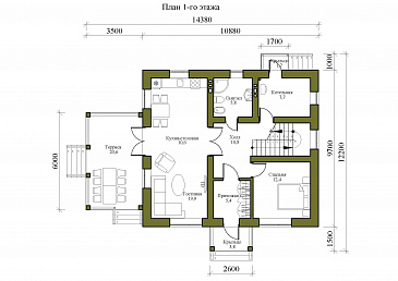 Проект двухэтажного дома с тремя спальнями на втором этаже и спальней на первом этаже / План 1 этажа