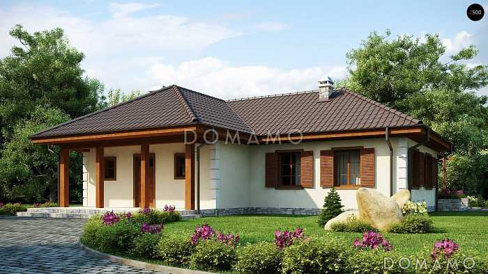 Проект одноэтажного дома из кирпича с тремя спальнями и барбекю на террасе