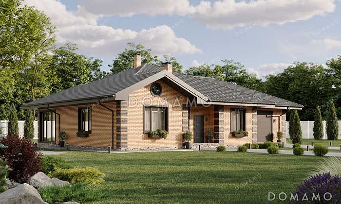 Проект одноэтажного дома с гаражом и крытой верандой в классическом стиле