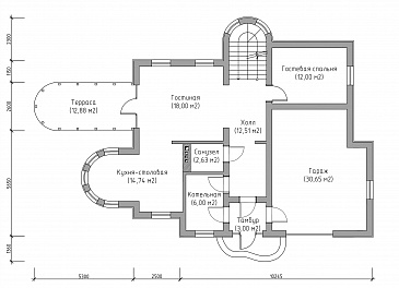 Проект яркого двухэтажного дома с башней, крытой террасой и гаражом / План 1 этажа