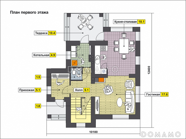Проект дома с кухней-столовой, двумя спальнями, угловой ванной / План 1 этажа