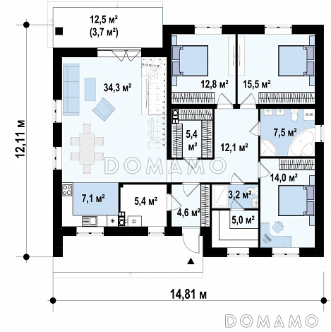 Проект современного дома с мансардным этажом, кладовой, душевой и сауной на первом этаже / План 1 этажа