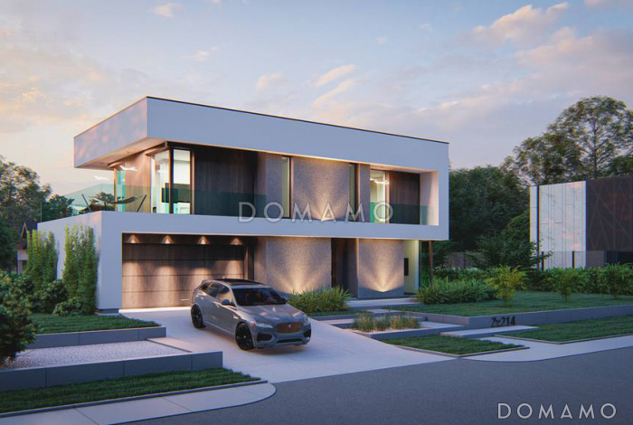 Проект комфортного загородного дома с гаражом на две машины, светлой гостиной, террасой, балконом