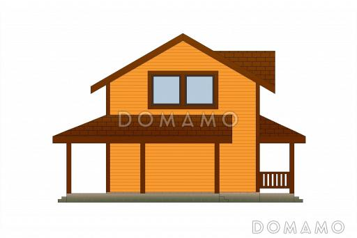 Проект каркасной бани с угловой крытой террасой, сараем и мансардным этажом / Фасад 4