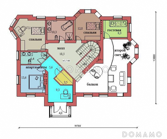 Проект двухэтажного дома с цоколем и мансардой, с сауной, бассейном и вторым светом  / План 2 этажа