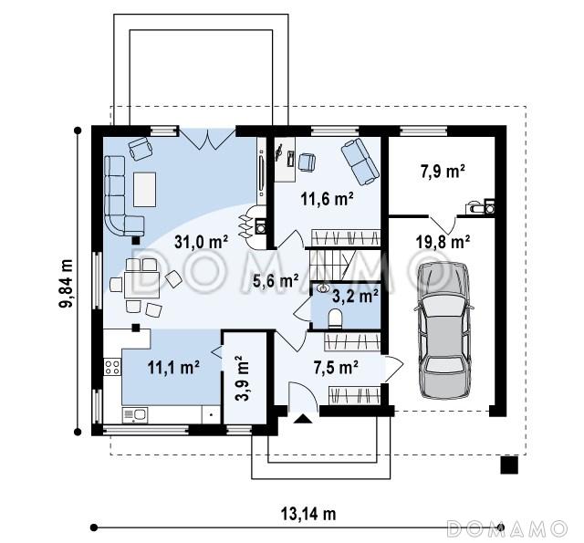 Проект современного двухэтажного дома из кирпича, адаптированного под сейсмику, с четырьмя спальнями, балконом и встроенным гаражом / План 1 этажа