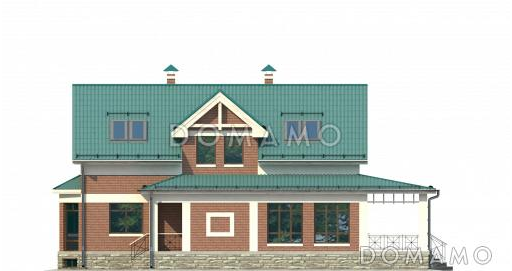 Проект великолепного дома из темного кирпича с верандой и зеленой крышей / Фасад 2