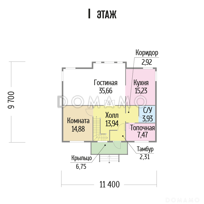 Проект каркасного дома с тремя комнатами на втором этаже / План 1 этажа