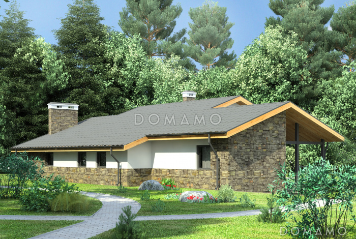 Проект одноэтажного дома с навесом для автомобиля, парной и душевой, двумя спальнями