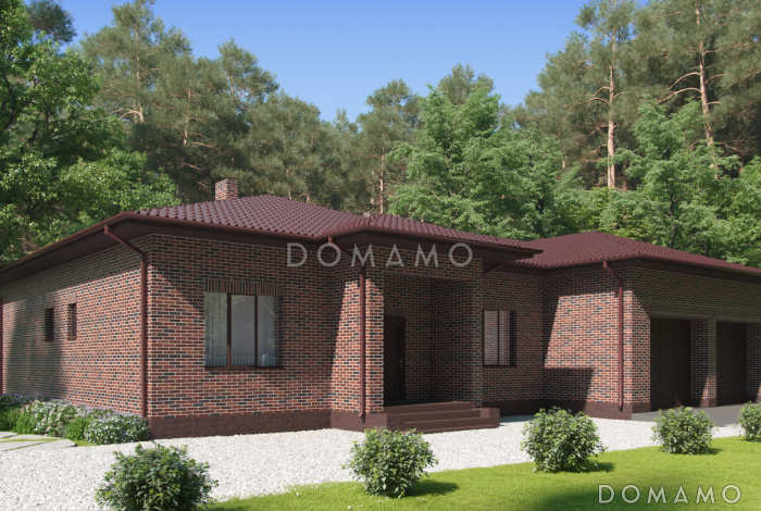 Проект дома с гаражом на две машины, террасой, большой кухней-столовой