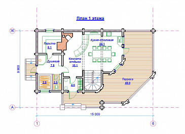 Проект бани из бруса с бильярдной / План 1 этажа