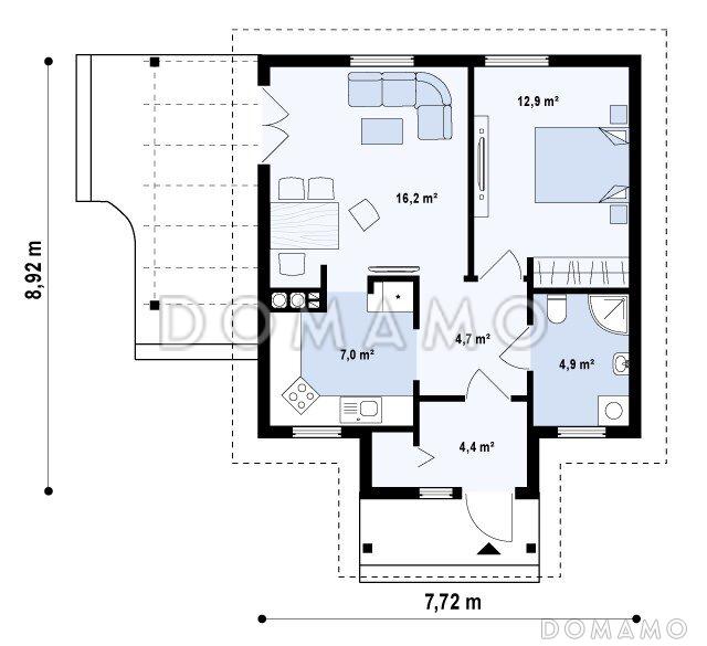 Проект маленького одноэтажного дома из газобетона с террасой / План 1 этажа