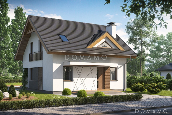 Проект дома с террасой, мансардными окнами, балконом,  треугольным окном в ванной на мансарде