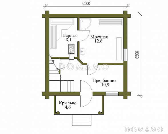 Проект бани с мансардой в русском стиле / План 1 этажа