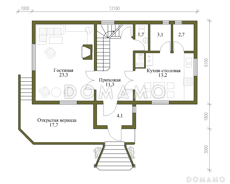 Проект коттеджа с башенкой и гаражом / План 1 этажа