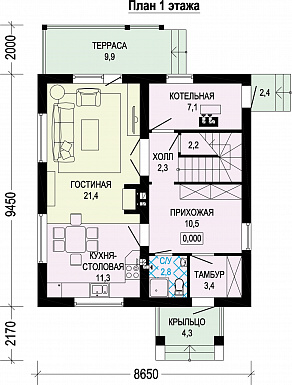 Проект современного экономичного загородного дома из газобетона с элементами финского стиля / План 1 этажа
