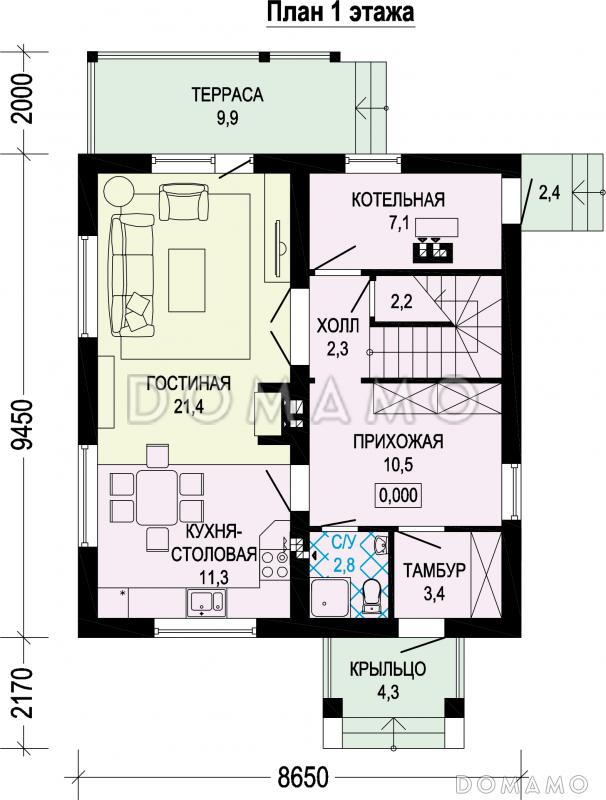 Проект современного экономичного загородного дома из газобетона с элементами финского стиля / План 1 этажа