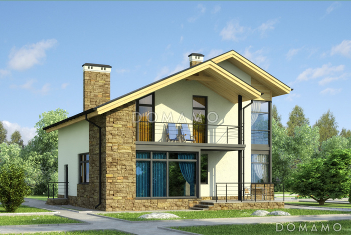 Проект дома с навесом для автомобиля, кухней-столовой с выходом на террасу, балконом
