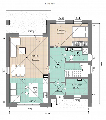 Проект коттеджа с совмещенной кухней-гостиной, спортзалом на мансардном этаже, балконом и окнами в пол / План 1 этажа