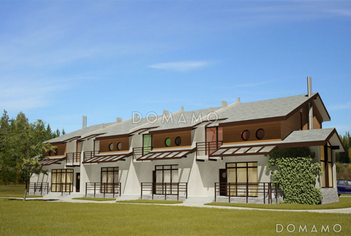 Проект дома с крытой террасой, балконами, круглыми окнами, большой кухней-столовой