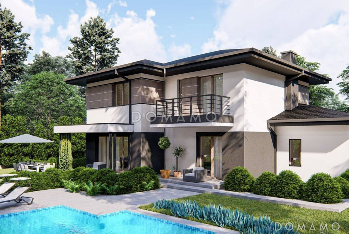 Проект двухэтажного загородного дома с подвалом, гаражом на 2 машины, кабинетом, мастер-спальней  с балконом