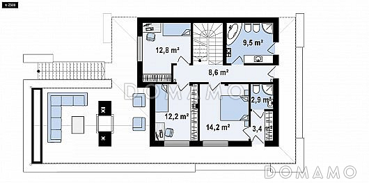 Проект современного двухэтажного дома из газобетона с панорамным остеклением и просторной террасой на втором этаже / План 2 этажа