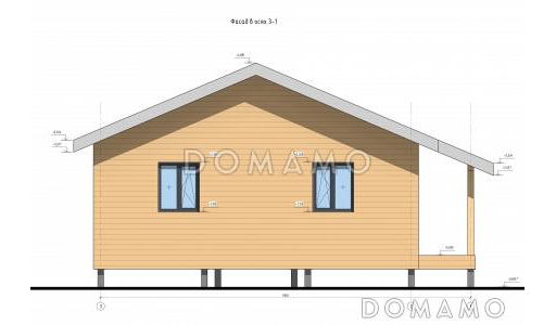 Проект одноэтажного каркасного дома с двумя спальнями и террасой / Фасад 2