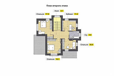 Проект дома с крытой террасой, кладовой под лестницей. эркерами, гостевой на первом этаже, спальнями и кабинетом на втором этаже / План 2 этажа