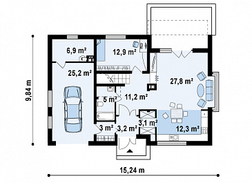 Проект современного мансардного дома из газобетона с четырьмя комнатами, эркером и одноместным гаражом / План 1 этажа