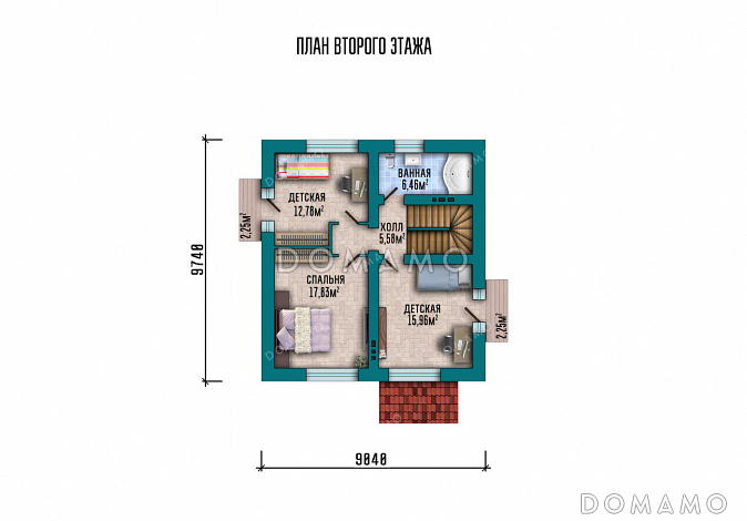 Проект компактного дома с тремя спальнями, котельной и изолированной кухней / План мансардного этажа