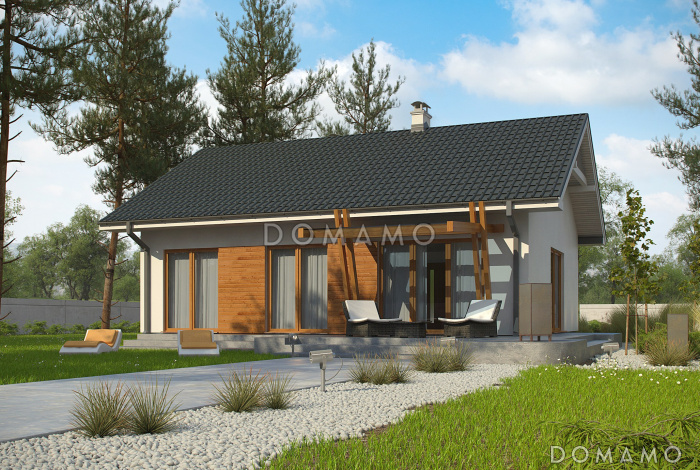 Проект простого компактного одноэтажного дома из газобетона с открытой террасой 