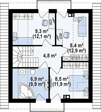 Проект классического одноэтажного мансардного дома из газобетона с эркером в столовой зоне, балконами и хозяйственным помещением / План мансардного этажа