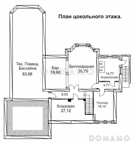 Проект дома с гаражом на два автомобиля, бассейном и небольшой террасой / План цокольного этажа