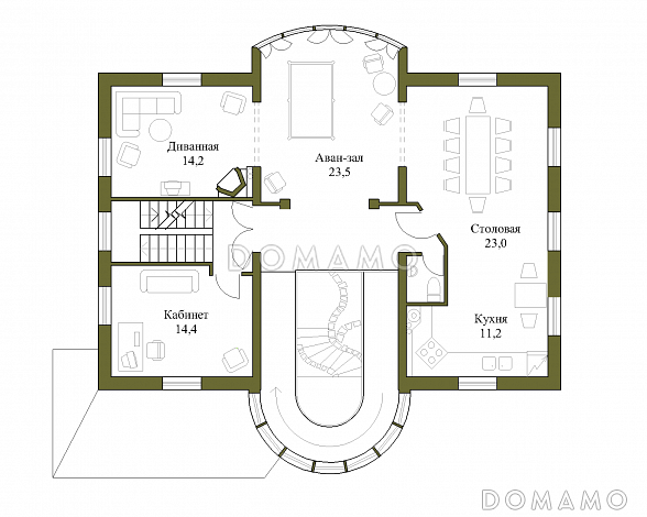 Проект трёхэтажного коттеджа с башенкой и пандусом / План 2 этажа