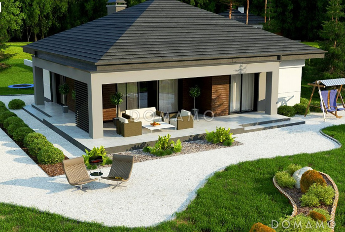 Проект простого комфортного одноэтажного дома из кирпича для небольшой семьи с тремя спальнями