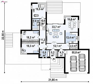 Проект современного трёхуровнего дома из кирпича с плоской крышей, с большим гаражом, спортзалом и сауной / План 1 этажа