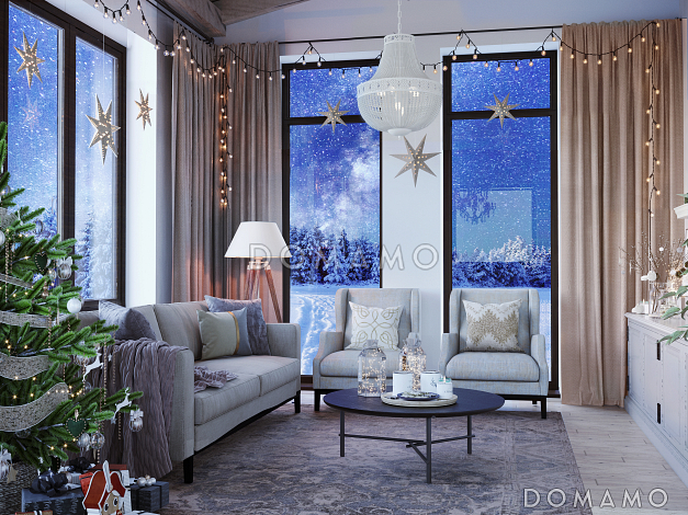 Проект дома с косой крышей, детскими комнатами, террасой, большой гостиной-столовой