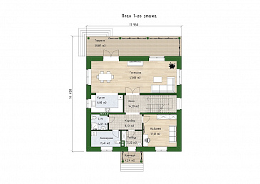 Проект двухэтажного дома с 4 спальнями, большой гостиной и подсветкой на террасе / План 1 этажа
