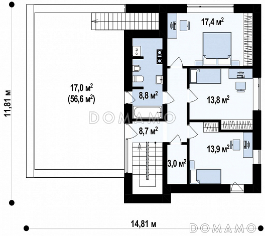 Проект современного двухэтажного коттеджа из газобетона с дополнительной комнатой на первом этаже и большим гаражом и террасой над ним  / План мансардного этажа