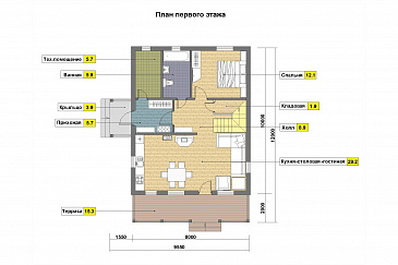 Проект каркасного дома с мансардными окнами / План 1 этажа