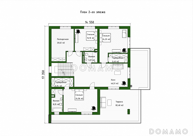 Проект дома в стиле хай-тек с 3 спальнями, большой гостиной, сауной и двухместным автонавесом / План 2 этажа