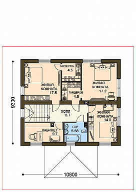 Проект двухцветного коттеджа из SIP с двумя гардеробными и большим крыльцом / План 2 этажа
