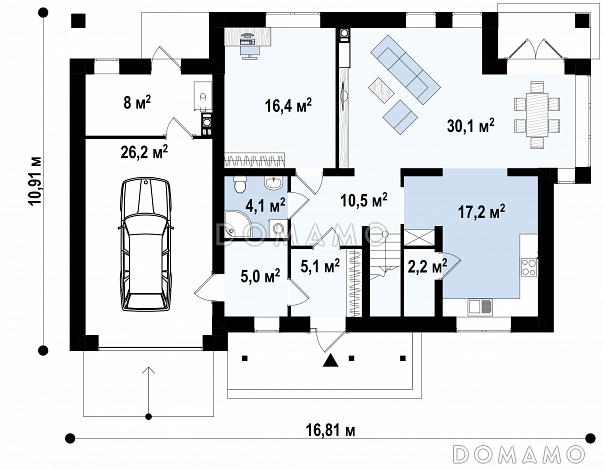 Проект двухэтажного дома из газобетона с тремя спальнями, кабинетом, гаражом и балконом / План 1 этажа