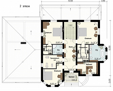 Проект загородного дома с гаражом, сауной, террасой, спортзалом / План 2 этажа