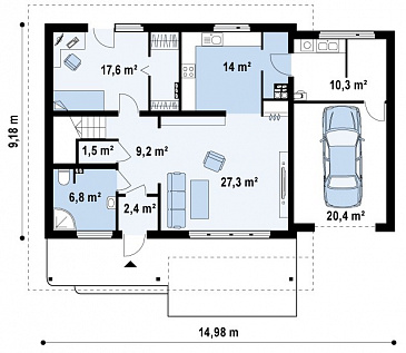 Проект одноэтажного мансардного дома из газобетона с террасой над гаражом  / План 1 этажа