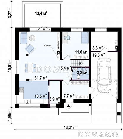 Проект современного двухэтажного дома из газобетона с четырьмя спальнями, балконом и встроенным гаражом  / План 1 этажа