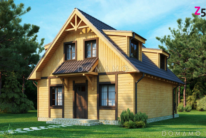 Проект компактного одноэтажного мансардного дома из газобетон с барбекю на крытой террасе