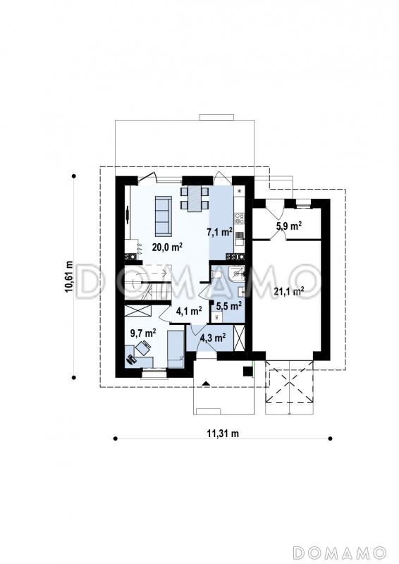 Проект двухэтажного дома из кирпича с кабинетом и гаражом справа / План 1 этажа