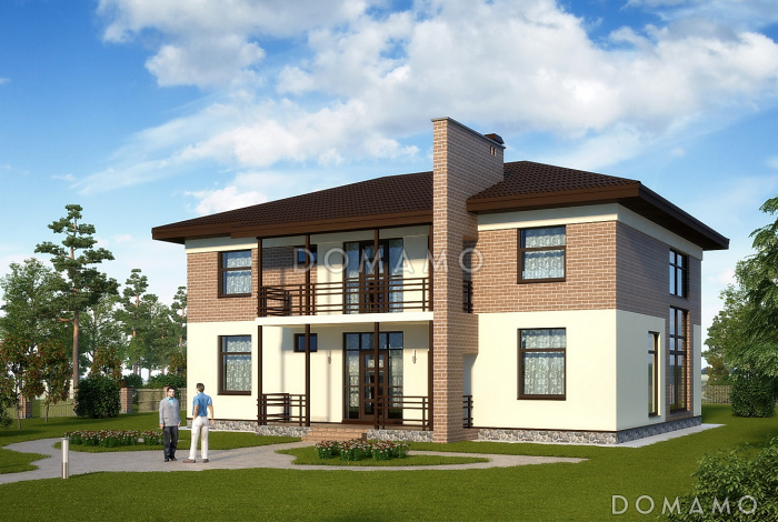 Проект двухэтажного коттеджа с контрофорсной стеной крыльца и вторым светом