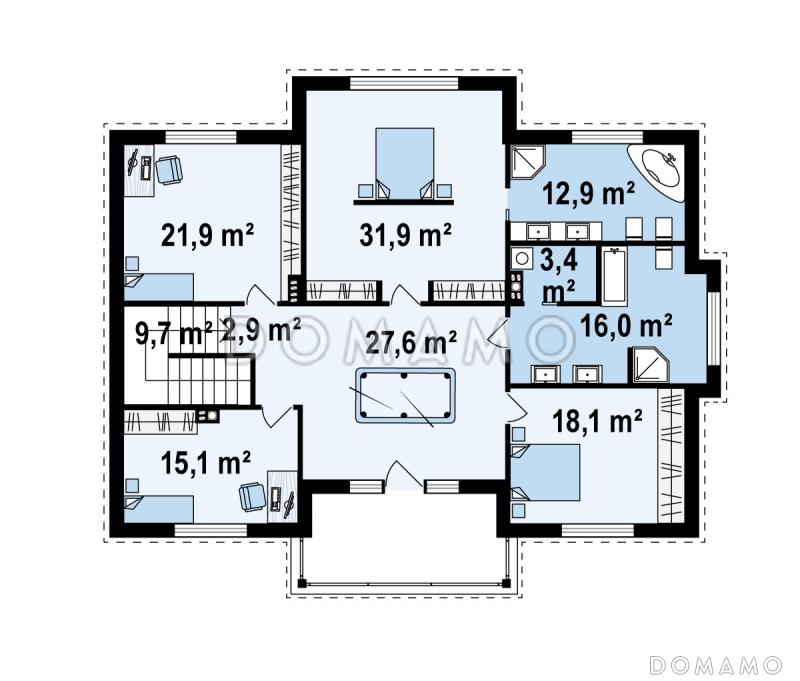 Проект большого двухэтажного дома из кирпича с четырьмя спальнями, сауной и просторной дневной зоной / План 2 этажа
